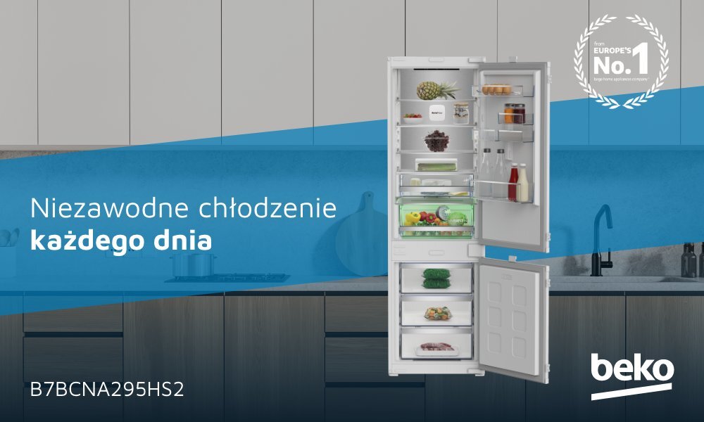 Obraz przedstawia otwartą lodówkę z widocznymi produktami spożywczymi na półkach. Na niebieskim tle znajduje się tekst: \'Niezawodne chłodzenie każdego dnia\', a w prawym dolnym rogu widnieje logo \'beko\'.
