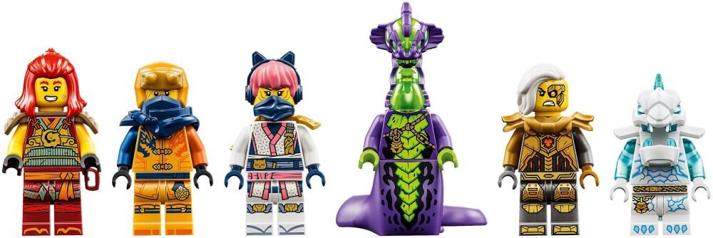 Na obrazie znajduje się sześć figurek LEGO w różnych kolorach i strojach, w tym jedna przypominająca smoka z zielono-fioletowym wzorem. Każda figurka ma unikalne detale i akcesoria, takie jak hełmy i zbroje.