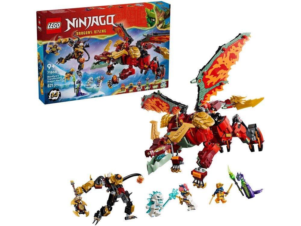 Zestaw LEGO NINJAGO z transformującym smoczym mechem Wyldfyre, zawiera figurki postaci i smoka z czerwonymi i złotymi elementami. Na opakowaniu widnieje napis \'LEGO NINJAGO Dragons Rising\' oraz numer zestawu 71868 z informacją o 821 elementach.