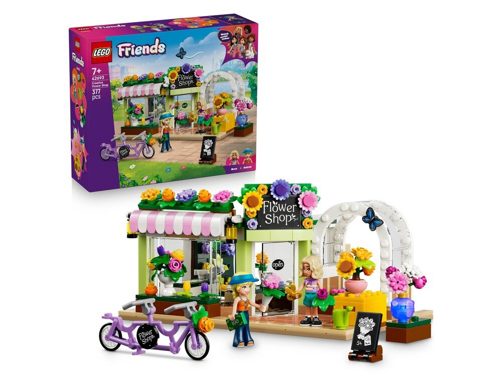 Zestaw LEGO przedstawia kolorową kwiaciarnię z napisem \'Flower Shop\' oraz różnorodne kwiaty i akcesoria. W tle widoczny jest pudełko z grafiką zestawu i logo LEGO Friends.