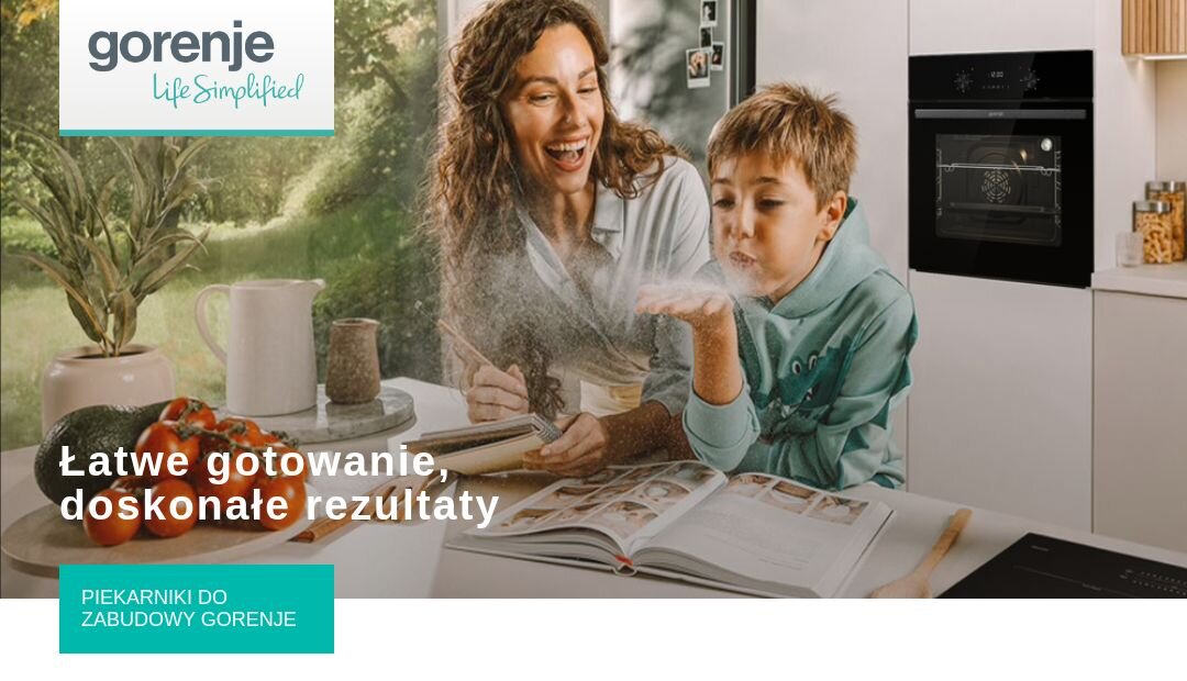 Na obrazie widać kobietę i dziecko w kuchni, obok otwartej książki kucharskiej. Widoczny jest tekst: \'Łatwe gotowanie, doskonałe rezultaty\' oraz \'PIEKARNIKI DO ZABUDOWY GORENJE\'.
