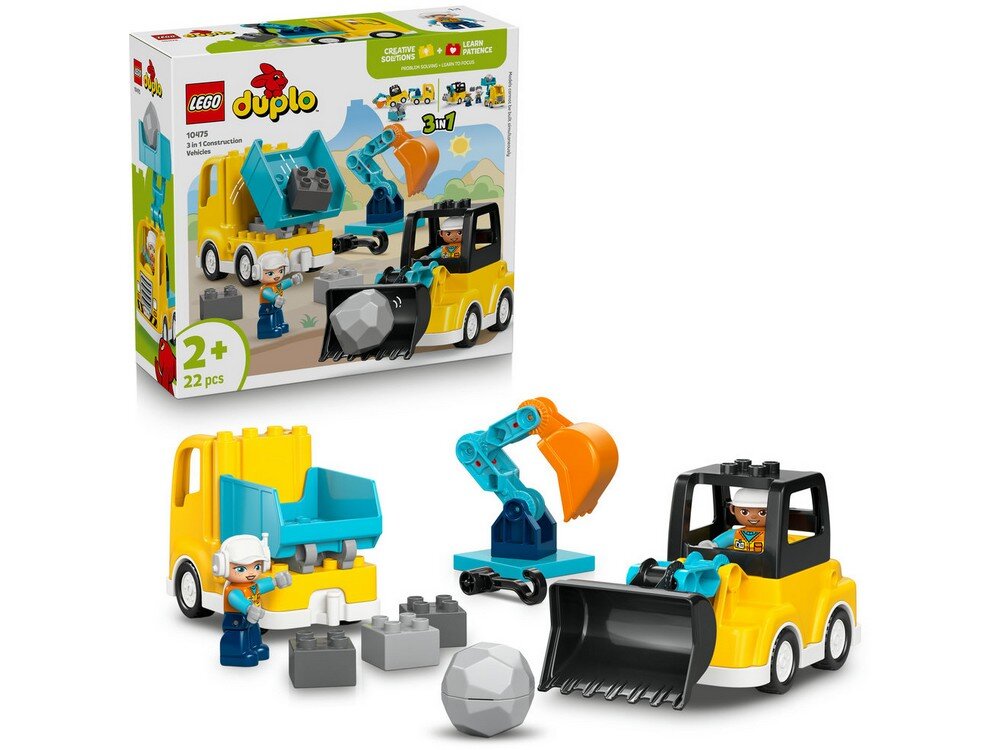 Zestaw LEGO 10475 DUPLO Maszyny budowlane 3 w 1 składa się z żółtej koparki, figurki operatora oraz kilku klocków imitujących kamienie. Na opakowaniu widnieje logo LEGO i DUPLO oraz informacja \'2+ 22 pcs\'.