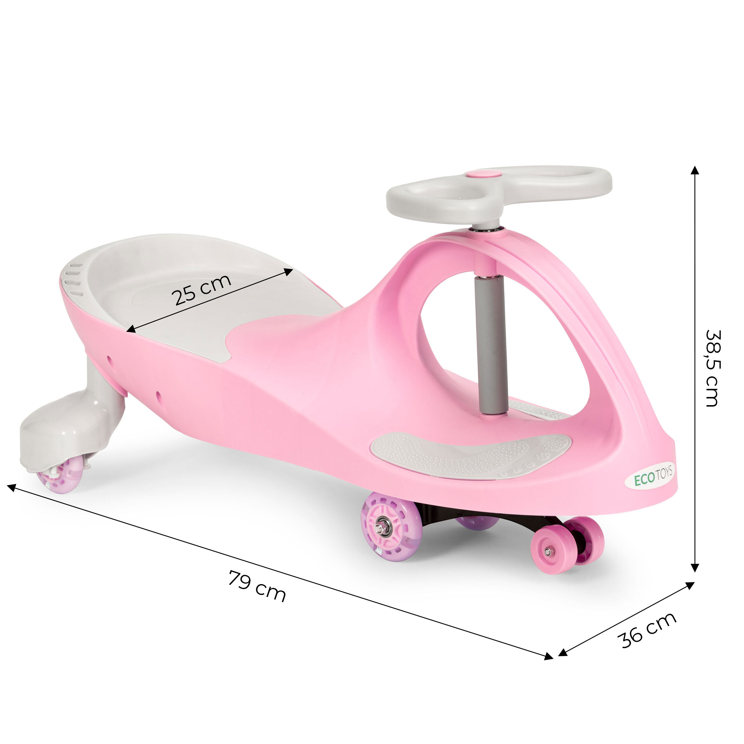Różowy jeździk grawitacyjny dla dzieci z kołami LED, oznaczony wymiarami: 79 cm długości, 36 cm szerokości i 38,5 cm wysokości. Na produkcie widoczne jest logo \'ECOTOYS\'.