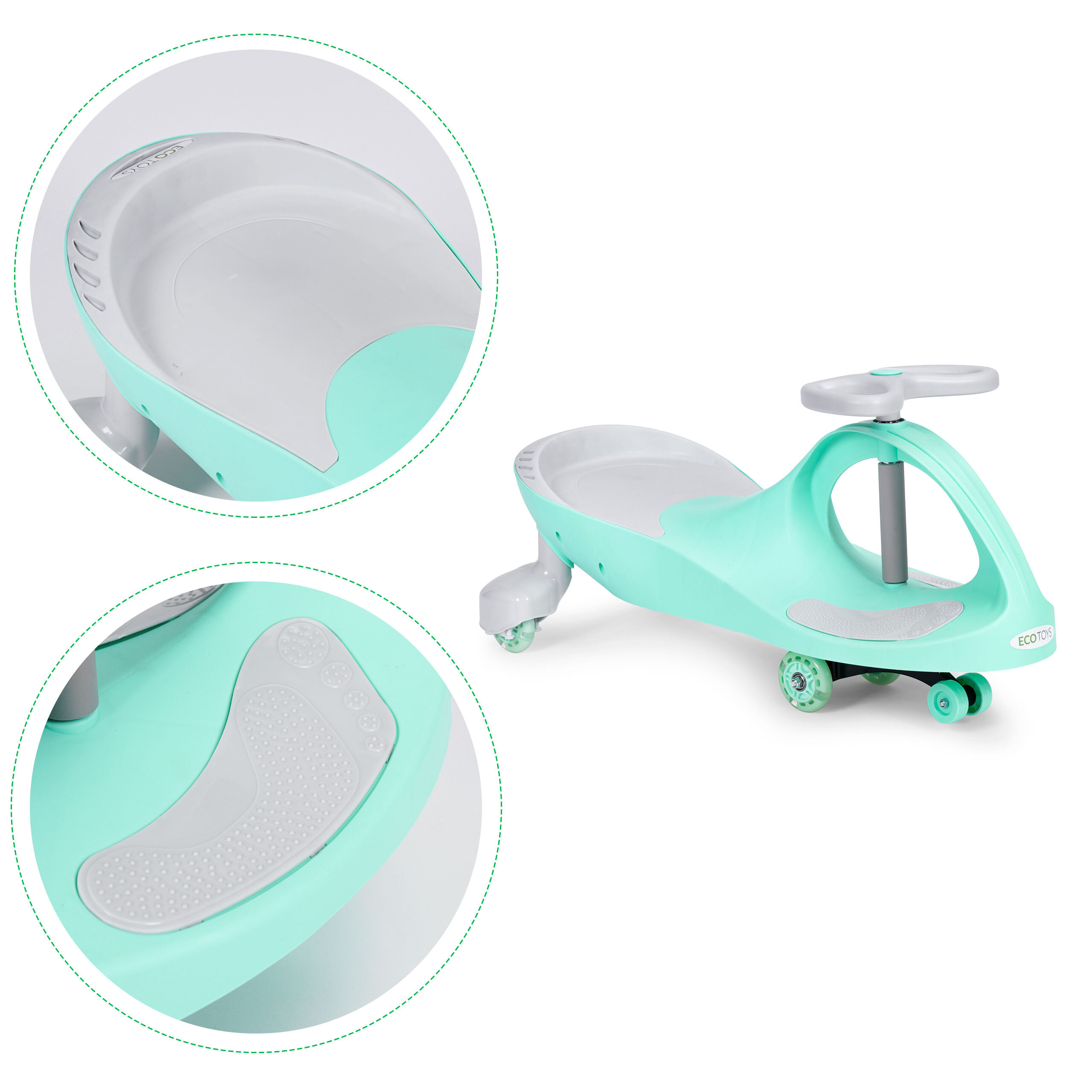 Zielony jeździk grawitacyjny dla dzieci z szarymi elementami, posiada koła LED i kierownicę. Widoczne logo \'ECOTOYS\' na przodzie pojazdu.