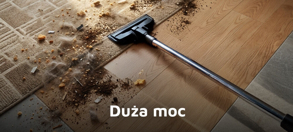 Odkurzacz zbiera brud i okruchy z dywanu i podłogi drewnianej. Na obrazie widoczny jest tekst: \'Duża moc\'.