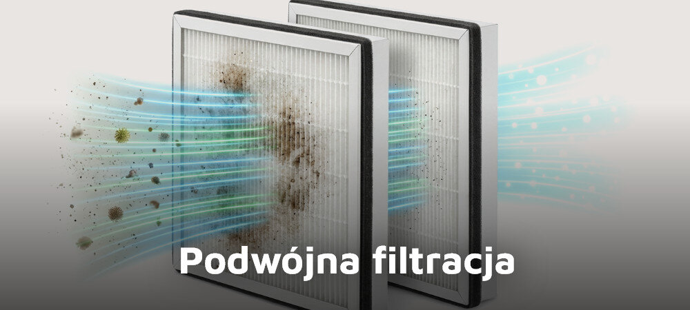 Obraz przedstawia dwa filtry z efektem przepływu powietrza i zanieczyszczeń. Na dole widoczny jest napis \'Podwójna filtracja\'.