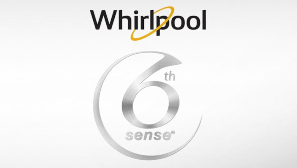 Logo Whirlpool z napisem \'6th sense\' w srebrnym kolorze na białym tle.