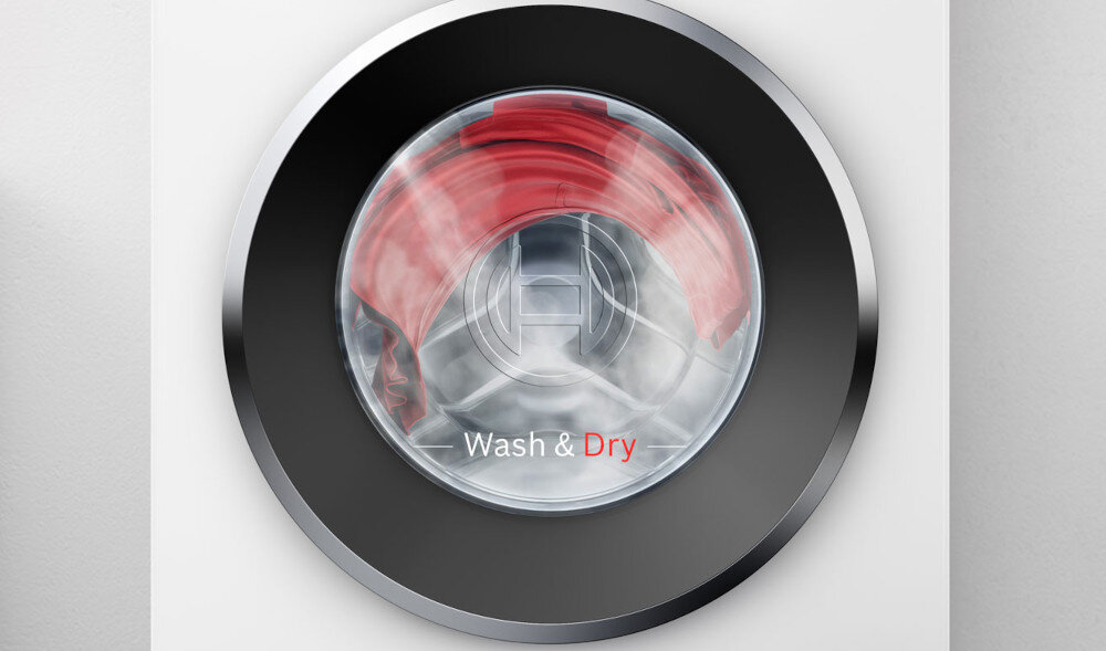 Obraz przedstawia bęben pralko-suszarki z widocznym logo \'H\' na środku. Na drzwiach znajduje się napis \'Wash & Dry\'.