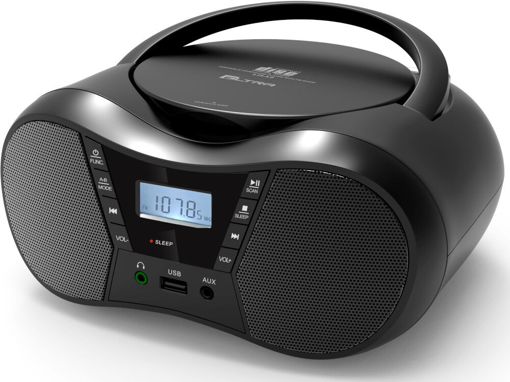 Czarny radioodtwarzacz z wyświetlaczem pokazującym 107.8 MHz, posiada przyciski funkcyjne, wejścia USB i AUX oraz logo ELTRA na górze. Widoczne są dwa głośniki po bokach panelu sterowania.