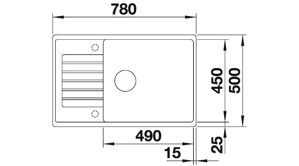 Schemat zlewozmywaka jednokomorowego z ociekaczem z wymiarami: 780 mm szerokości, 500 mm głębokości, 490 mm szerokości komory, 450 mm głębokości komory, 25 mm wysokości rantu i 15 mm szerokości ociekacza.