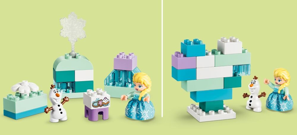 Na obrazku znajdują się klocki LEGO w pastelowych kolorach, przedstawiające postacie i elementy z Krainy Lodu, w tym figurki Elzy i Olafa. W tle widoczne są zbudowane konstrukcje z klocków, takie jak igloo i serce.