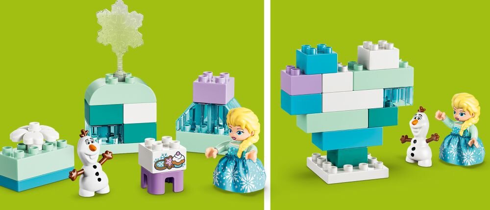 Na zielonym tle znajdują się klocki LEGO w pastelowych kolorach, przedstawiające postacie i budowle z Krainy Lodu. Widoczne są figurki Elzy i Olafa oraz różne konstrukcje z klocków.