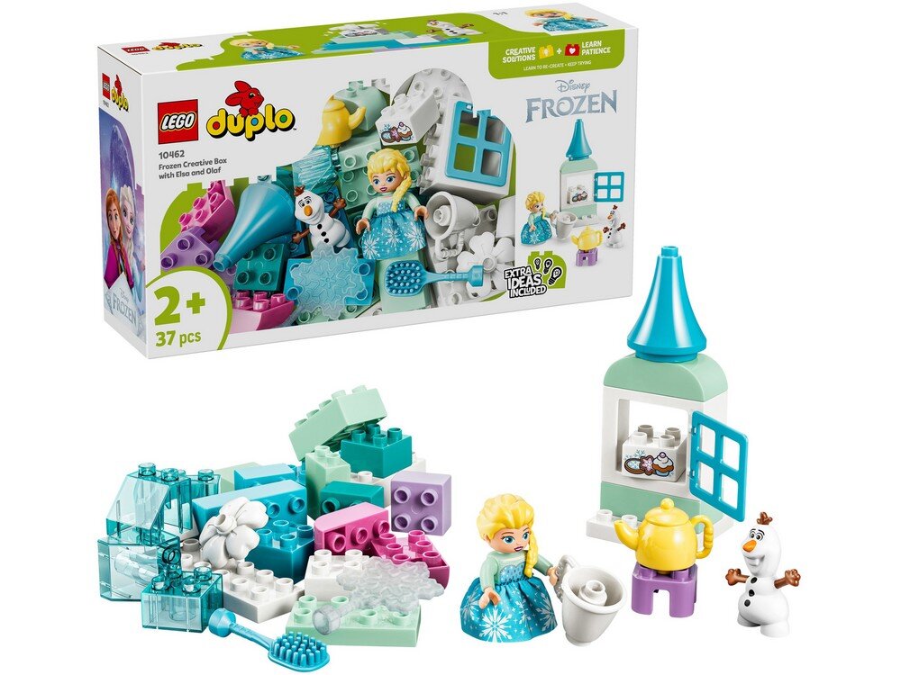Zestaw LEGO DUPLO z motywem Krainy Lodu, zawierający figurki Elzy i Olafa oraz różnokolorowe klocki. Na opakowaniu widnieje logo LEGO i napis \'Frozen\'.