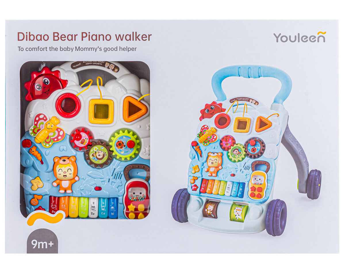 Na obrazku znajduje się kolorowy, interaktywny chodzik z różnymi elementami do zabawy, takimi jak przyciski i kształty. Widoczny jest tekst: \'Dibao Bear Piano walker\' oraz \'To comfort the baby Mommy\'s good helper\'.