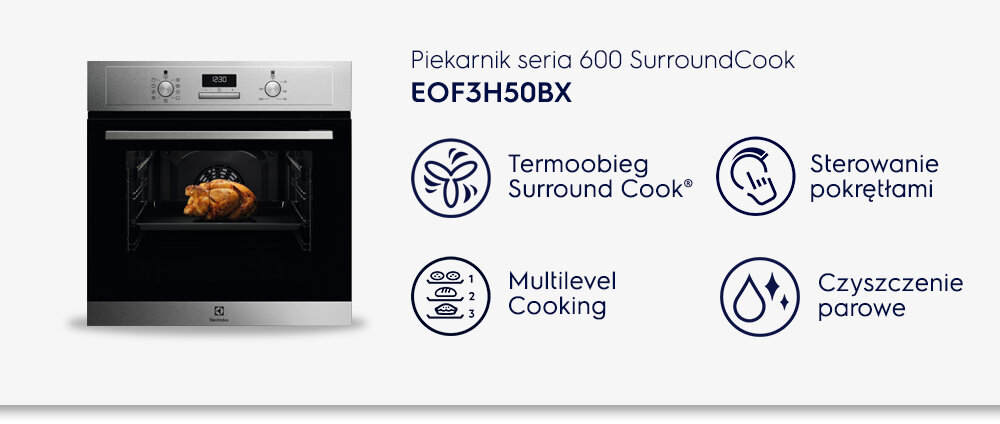 Obraz przedstawia piekarnik z serii 600 SurroundCook model EOF3H50BX z widocznym pieczonym kurczakiem wewnątrz. Obok znajdują się ikony z napisami: \'Termoobieg Surround Cook\', \'Sterowanie pokrętłami\', \'Multilevel Cooking\', \'Czyszczenie parowe\'.