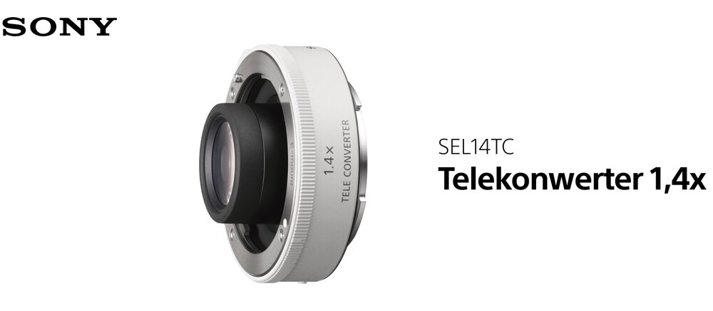 Obraz przedstawia biały telekonwerter z napisem \'1.4x TELE CONVERTER\' oraz logo \'SONY\'. Obok znajduje się tekst \'SEL14TC Telekonwerter 1,4x\'.