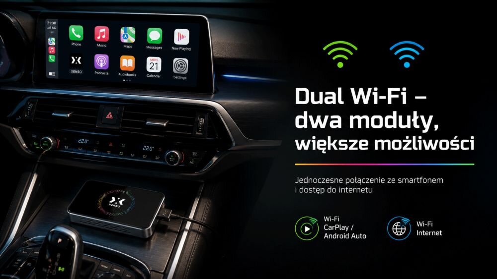 Adapter XENSO Y6 Dual Wi-Fi bezprzewodowy CarPlay Android Auto hotspot YouTube Netflix, ADAPTER LEŻĄCY NA KOKPICIE AUTA