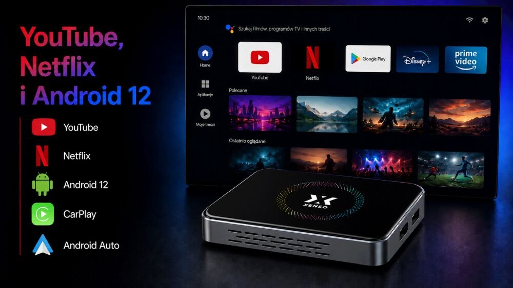 Adapter XENSO Y6 Android 12 YouTube Netflix Dual Wi-Fi multimedia, adapter na ciemnym tle