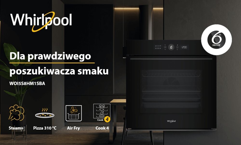 Czarny piekarnik elektryczny z logo Whirlpool i napisem \'Dla prawdziwego poszukiwacza smaku WOI5S8HM1SBA\'. Widoczne są ikony funkcji: Steam+, Pizza 310°C, Air Fry, Cook 4 oraz logo 6th sense.