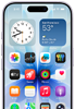 Smartfon z wyświetlaczem pokazującym ikonki aplikacji i widżety, w tym zegar i pogodę z temperaturą 53°F. Widoczny jest również tekst \'Apple\'.
