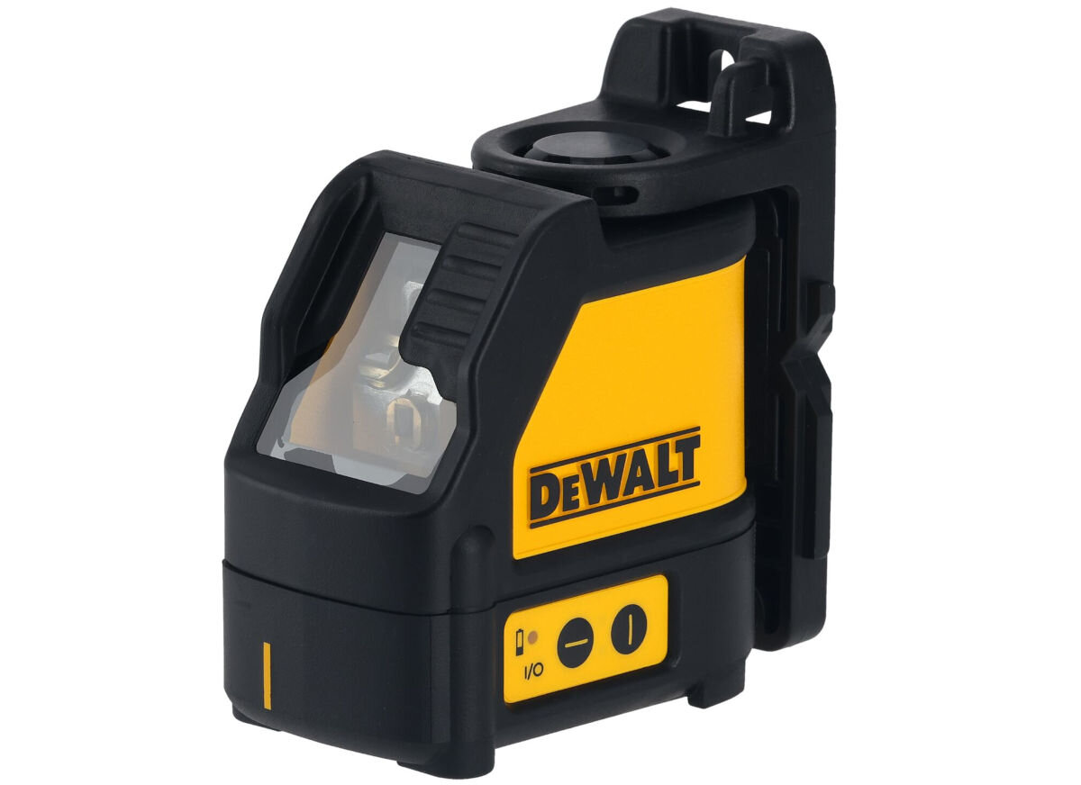 Laser krzyżowy DEWALT DW088K, linie, pionową, poziomą, funkcja, na białym tle laser frontem prawo skos