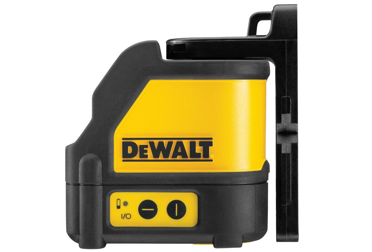 Laser krzyżowy DEWALT DW088K, pulse, tryb, impulsowy, miganie, na białym tle laser od boku frontem na wprost