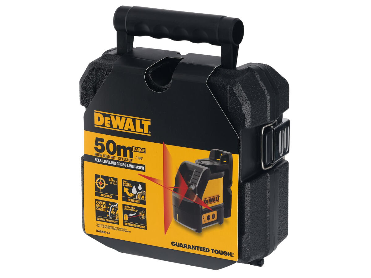 Laser krzyżowy DEWALT DW088K, bateria, zasilanie, 40 godzin, praca, na białym tle walizka lasera frontem prawo skos