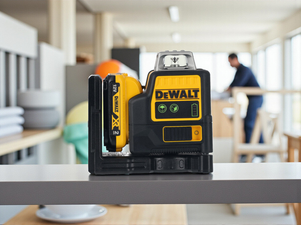 Laser liniowy DEWALT DCE0811D1G-QW, laser, mierzenie, remont, budowa, ustawiony na stole roboczym, otoczony narzędziami ręcznymi w jasnym, nowoczesnym pomieszczeniu