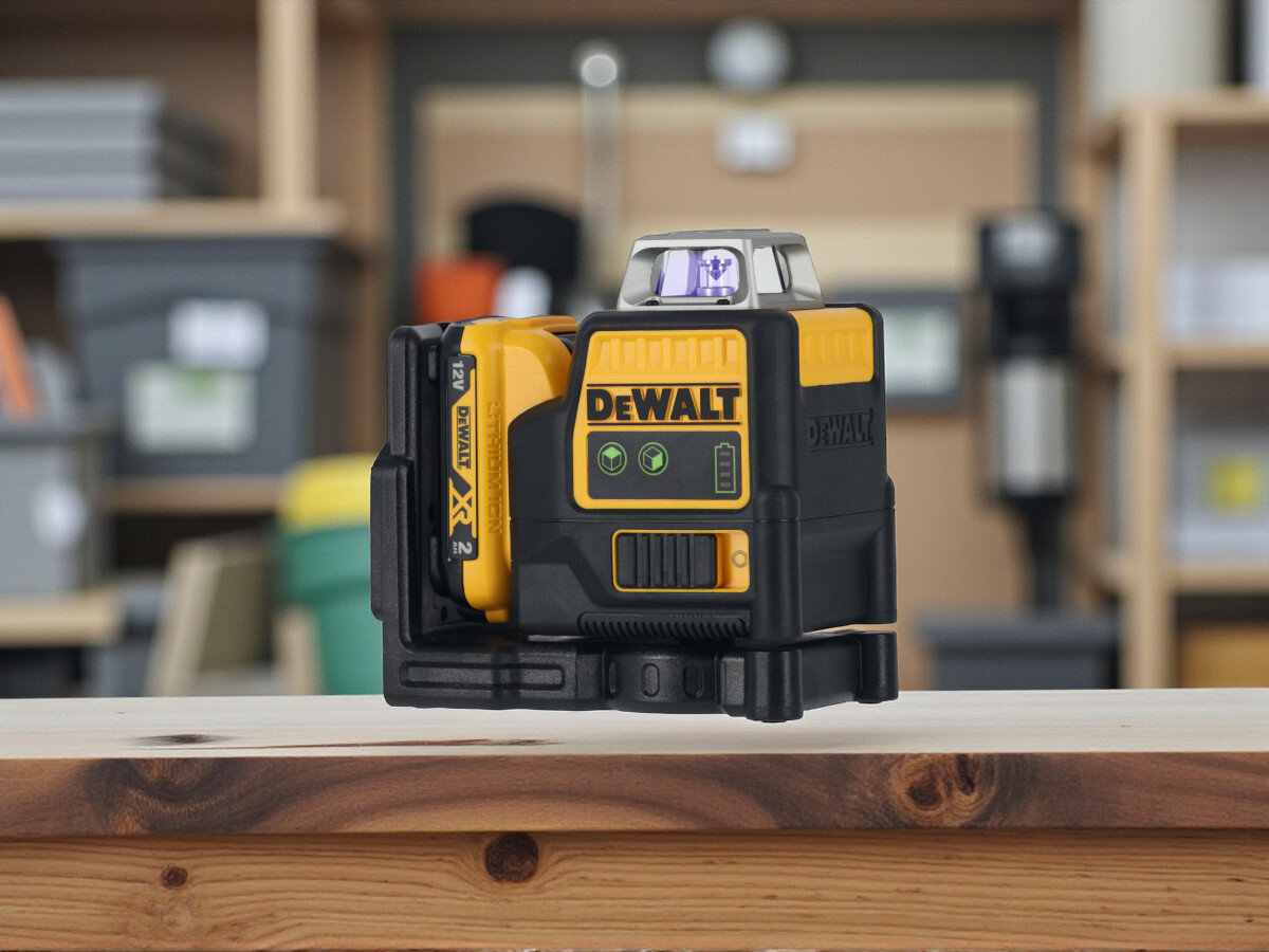 Laser liniowy DEWALT DCE0811D1G-QW, branża, budowlana, poziom, pion, laser, wiązki, na drewnianym blacie w warsztacie, widoczny z przodu z akumulatorem XR 12V