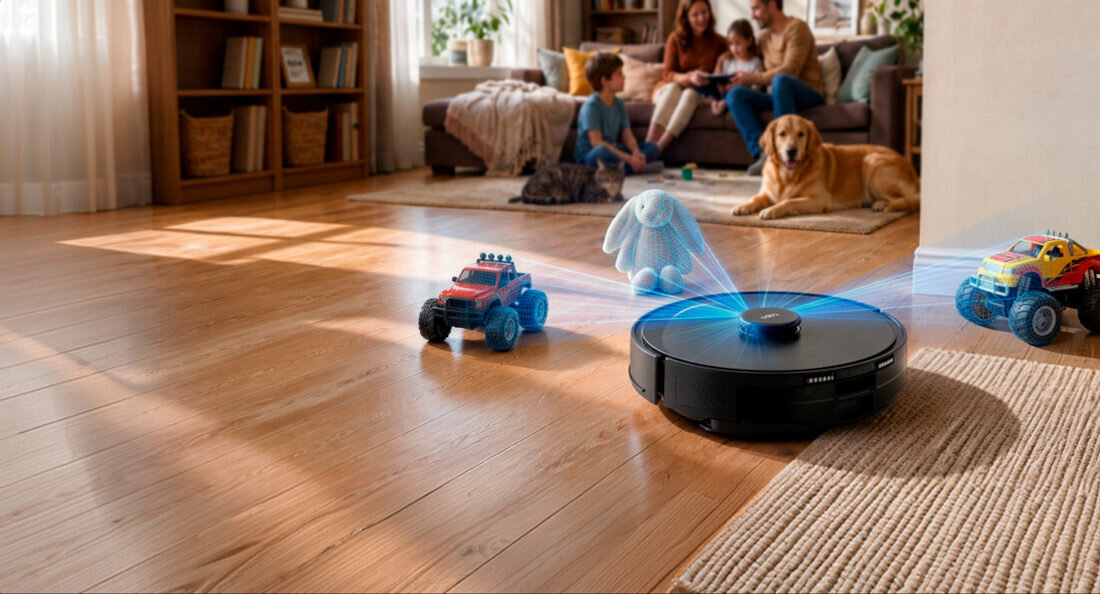 Robot sprzątający porusza się po drewnianej podłodze, obok zabawek i pluszowego królika. W tle widać rodzinę siedzącą na kanapie z psem.
