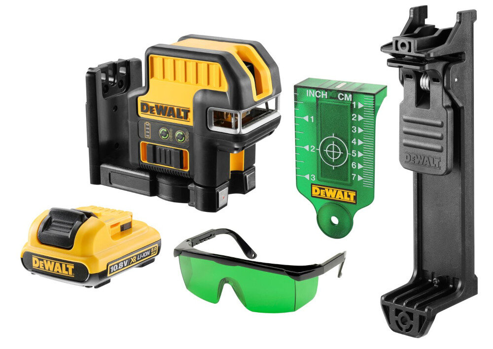 Laser krzyżowy DEWALT DCE0822D1R w zestawie okulary tarczka celownicza uchwyt magnetyczny akumulator 10,8 Ah DCB127-XJ ładowarka DCB107-QW