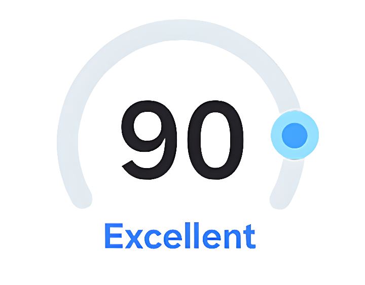 f9excok Grafika przedstawia licznik z wartością 90 oraz napis \'Excellent\'.