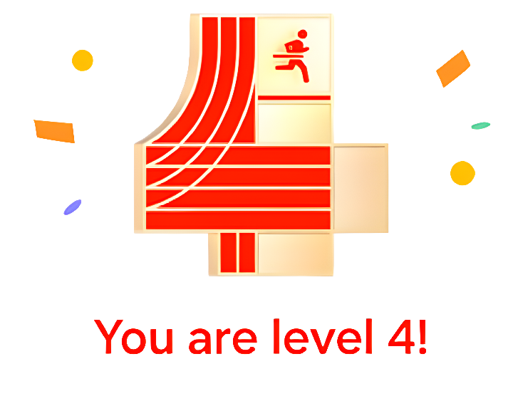 zdr3 f9 Grafika przedstawia dużą czerwoną cyfrę 4 z białymi liniami, obok której znajduje się ikona biegnącej osoby. Pod spodem widnieje napis \'You are level 4!\'.