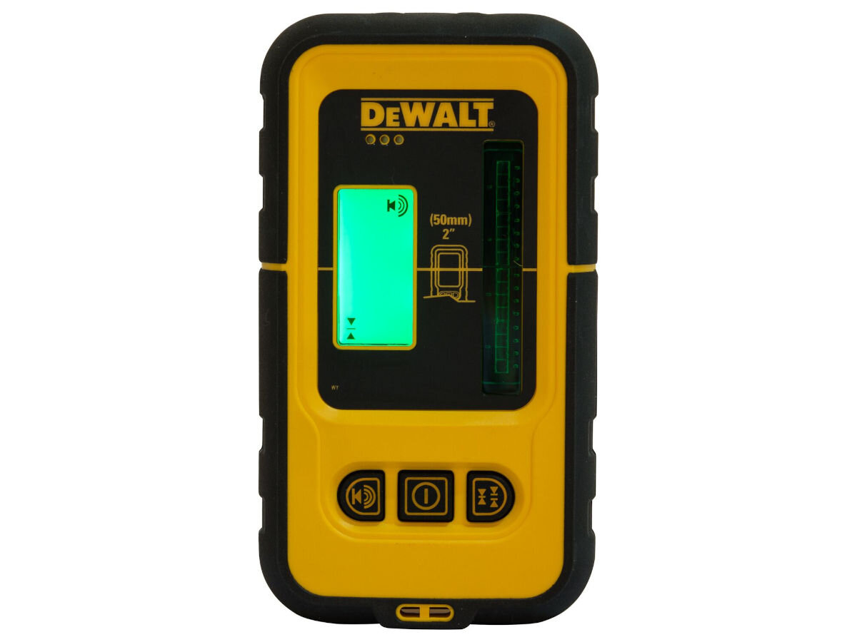Detektor wiązki laserowej DEWALT DE0892G-XJ, LCD, podświetlany, odczyty, czytelne, na białym tle detektor z włączonym Wyświetlaczem LCD frontem na wprost