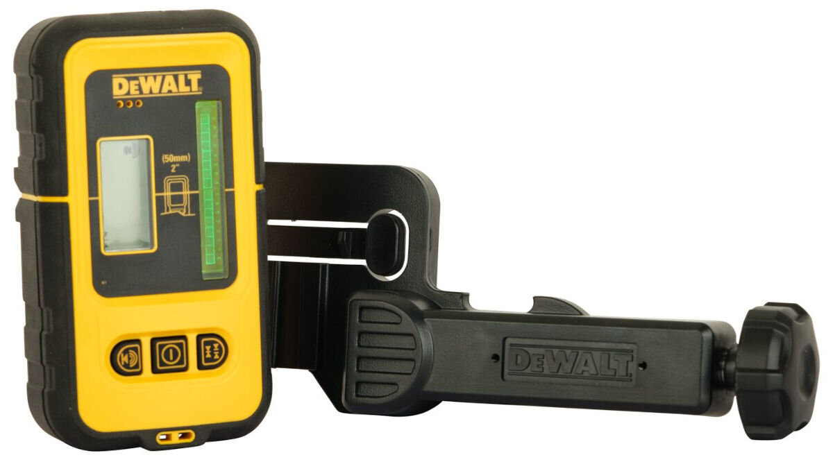 Detektor wiązki laserowej DEWALT DE0892G-XJ, mocny, zacisk, bezpieczeństwo, wbudowane, na białym tle uchwyt, zacisk oraz detektor