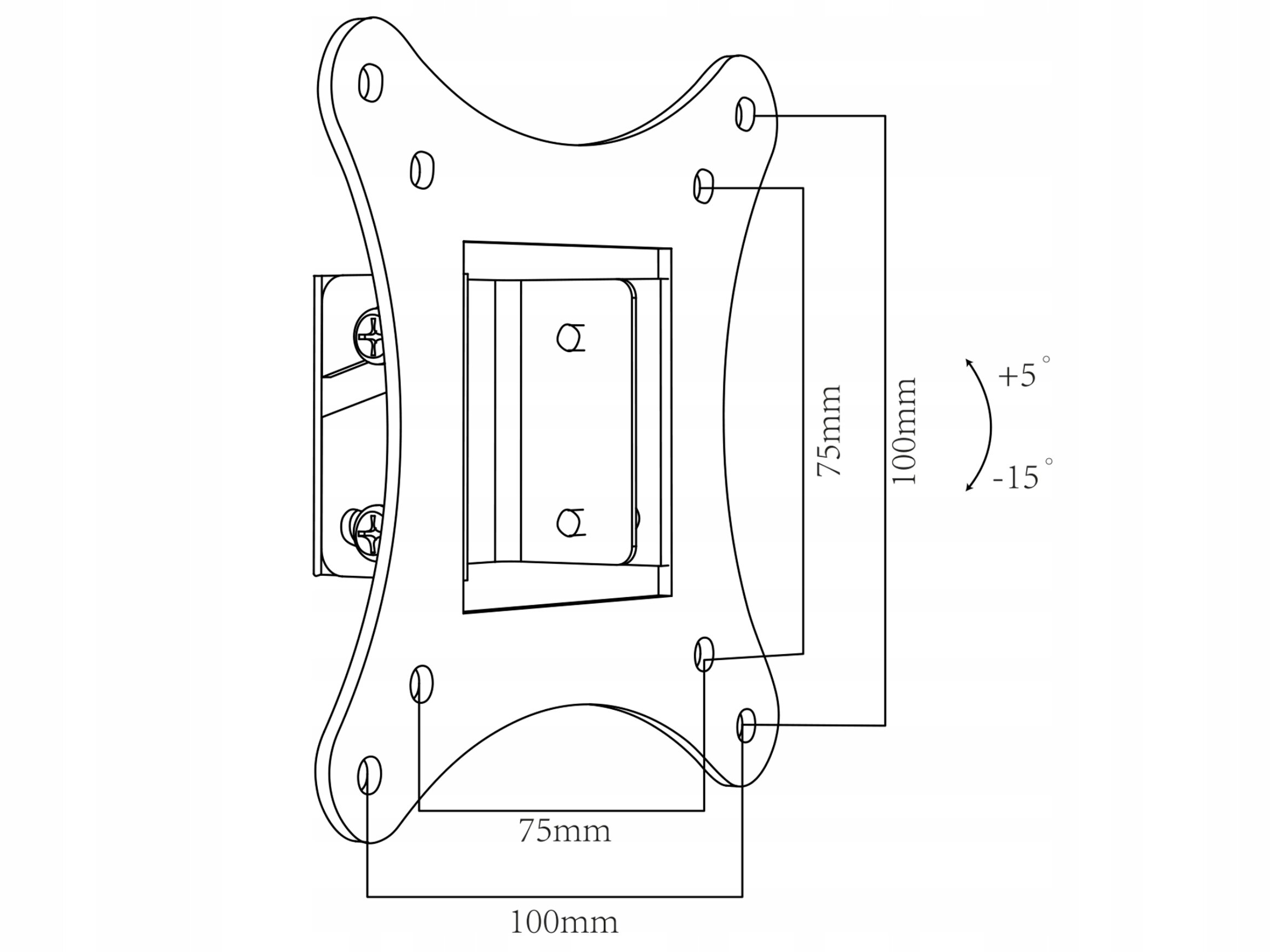 Schemat uchwytu TV monitora regulowanego z wymiarami 75mm x 100mm oraz kątem nachylenia od -15° do +5°.