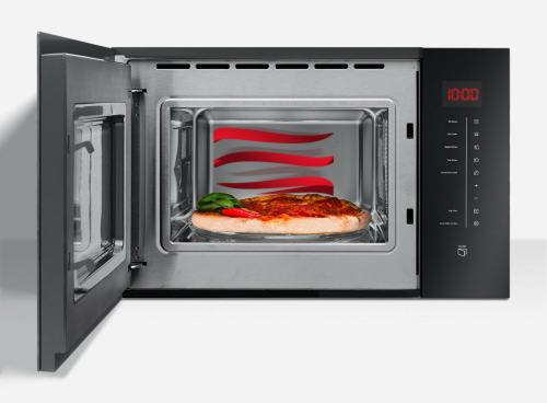 Otwarta kuchenka mikrofalowa z widoczną pizzą w środku. Na panelu sterowania wyświetlacz pokazuje \'10:00\' oraz kilka przycisków z opisami funkcji.