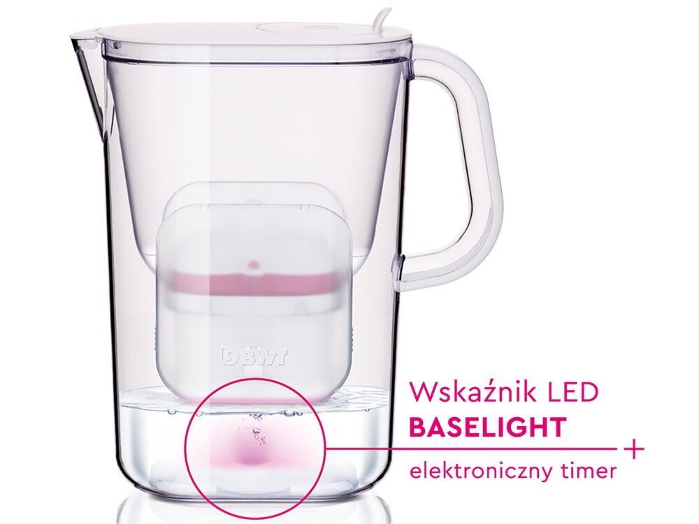 Przezroczysty dzbanek filtrujący z widocznym wkładem i logo BWT. Obok napis: \'Wskaźnik LED BASELIGHT + elektroniczny timer\'.