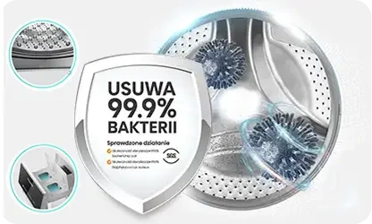 Obraz przedstawia wnętrze bębna pralki z widocznymi elementami czyszczącymi oraz tarczą z napisem \'USUWA 99.9% BAKTERII\'. Obok znajduje się mała grafika z dozownikiem detergentu.