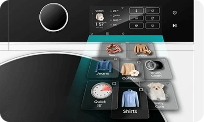 Panel sterowania pralki z wyświetlaczem pokazującym różne programy prania, takie jak Cotton, Silk, Wool, Jeans, Drum Clean, Quick 15\', Shirts i Baby Care. Obok wyświetlacza znajdują się przyciski dotykowe oraz pokrętło do wyboru programów.