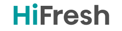 Logo z napisem \'HiFresh\' w kolorach turkusowym i szarym na białym tle.
