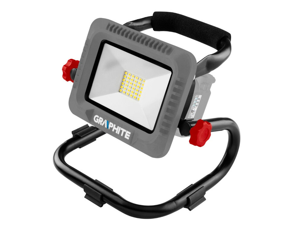 Naświetlacz LED z napisem \'GRAPHITE\' na obudowie, zamontowany na czarnym stojaku z czerwonymi elementami regulacyjnymi.