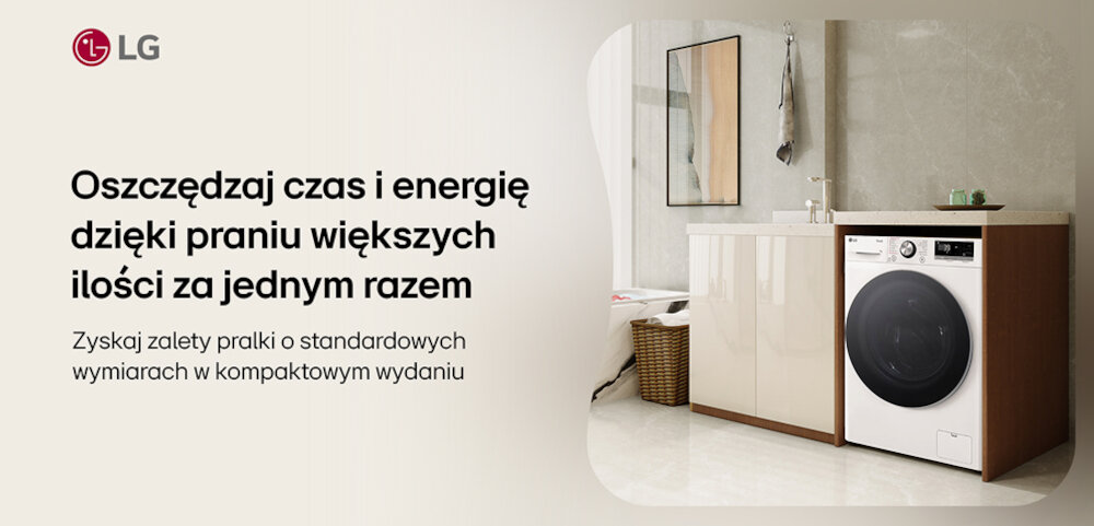 Obraz przedstawia pralkę w nowoczesnym wnętrzu, obok której znajduje się szafka. Tekst na obrazie: \'Oszczędzaj czas i energię dzięki praniu większych ilości za jednym razem. Zyskaj zalety pralki o standardowych wymiarach w kompaktowym wydaniu\'.