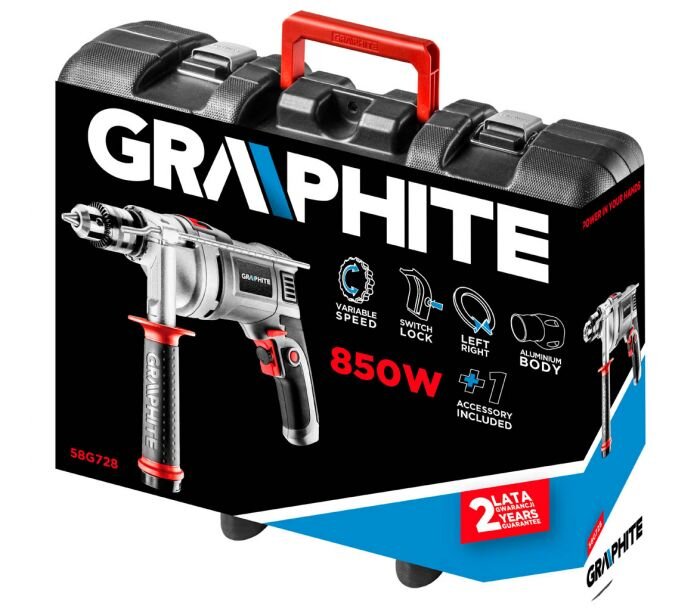 Na obrazie widoczna jest walizka transportowa z wiertarką udarową GRAPHITE 850W. Na opakowaniu znajdują się informacje: \'VARIABLE SPEED\', \'SWITCH LOCK\', \'LEFT RIGHT\', \'ALUMINIUM BODY\', \'ACCESSORY INCLUDED\', \'2 LATA GWARANCJI\'.