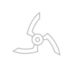 Obraz przedstawia szary symbol ostrza blendera z trzema łopatkami na białym tle.
