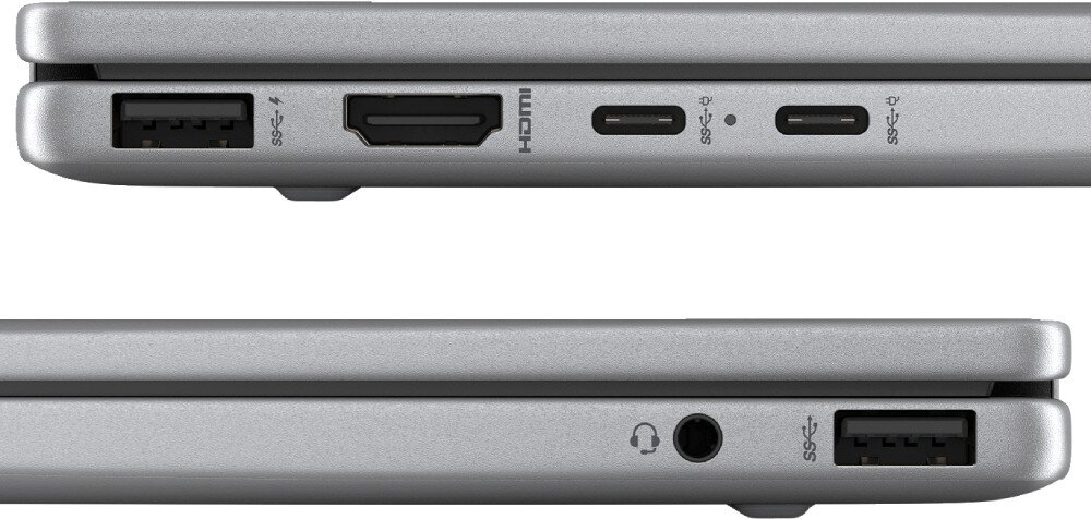 Obraz przedstawia dwa widoki boczne laptopa w kolorze srebrnym. Widoczne są porty: USB, HDMI, dwa porty USB-C oraz gniazdo słuchawkowe.
