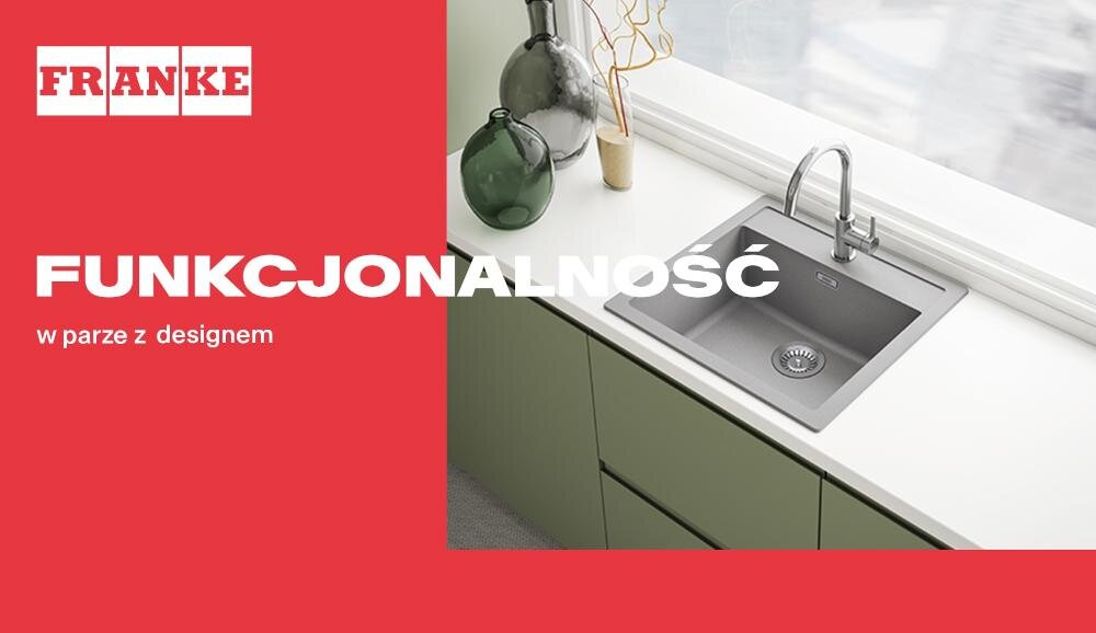 Obraz przedstawia zlewozmywak jednokomorowy w kolorze kamiennym szarym zamontowany na białym blacie. Na czerwonym tle widnieje logo \'FRANKE\' oraz tekst \'FUNKCJONALNOŚĆ w parze z designem\'.