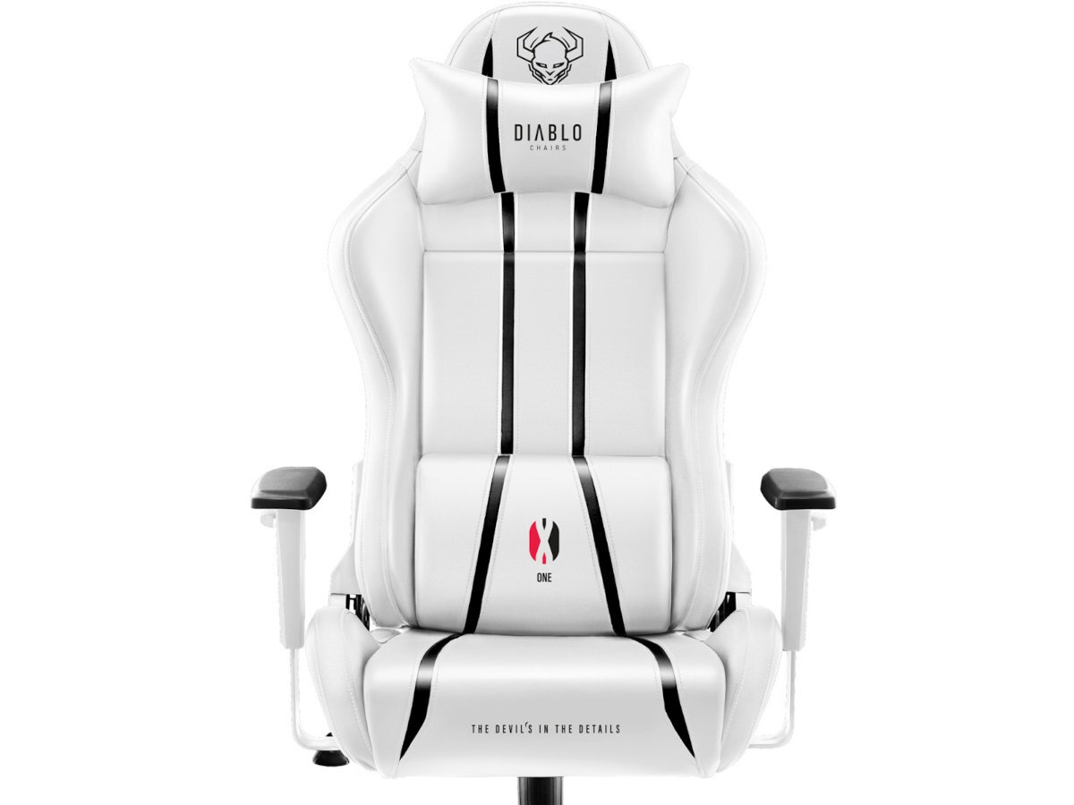 Biało-czarny fotel gamingowy z logo \'DIABLO CHAIRS\' na zagłówku i napisem \'THE DEVIL\'S IN THE DETAILS\' na siedzisku. Fotel ma regulowane podłokietniki i pionowe czarne pasy na oparciu.