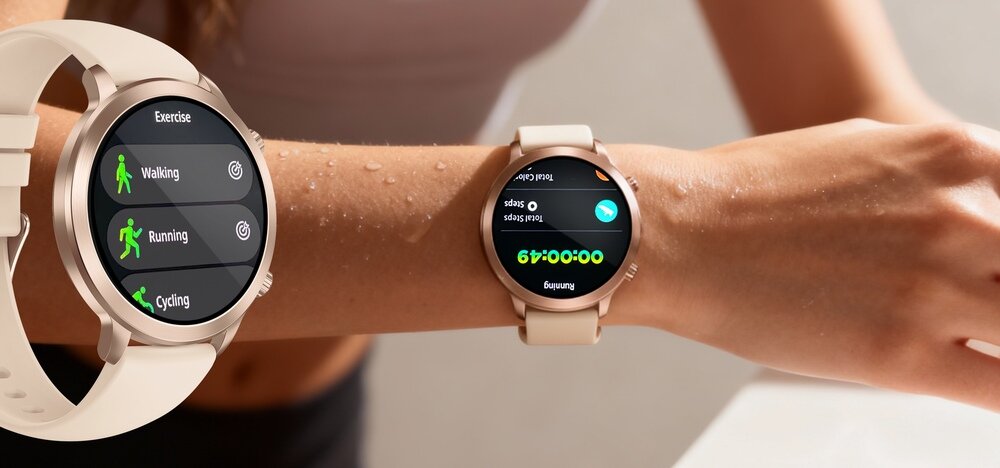 Na obrazie widoczny jest smartwatch z okrągłym wyświetlaczem, na którym widać menu z opcjami: \'Exercise\', \'Walking\', \'Running\', \'Cycling\'. Smartwatch jest noszony na nadgarstku osoby, a jego pasek jest jasny.