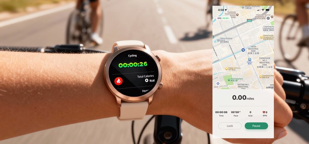 Osoba na rowerze nosi smartwatch z wyświetlaczem pokazującym czas 00:00:26 i całkowite kalorie 0 Kcal. Obok widoczny jest ekran aplikacji z mapą i informacją o dystansie 0.00 miles.
